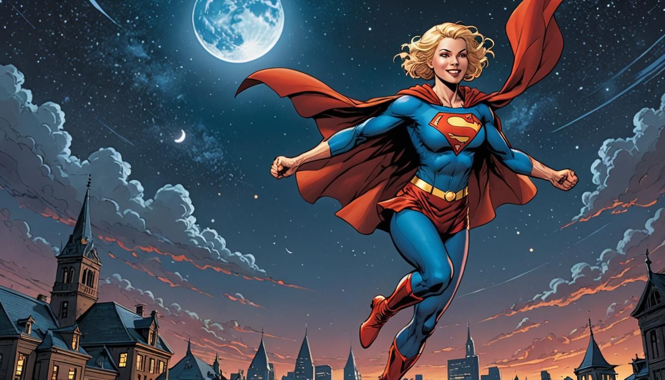 Barefoot Super Girl Soaring in Night Sky Comic Art