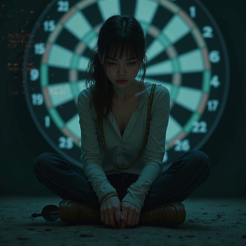 Woman in Dimly Lit Room, Focused on Dartboard with Glitching...