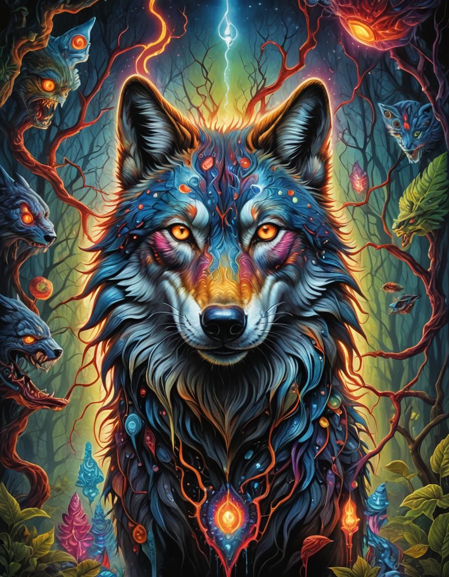 Bioluminescent Wolf in Rough Neon Style