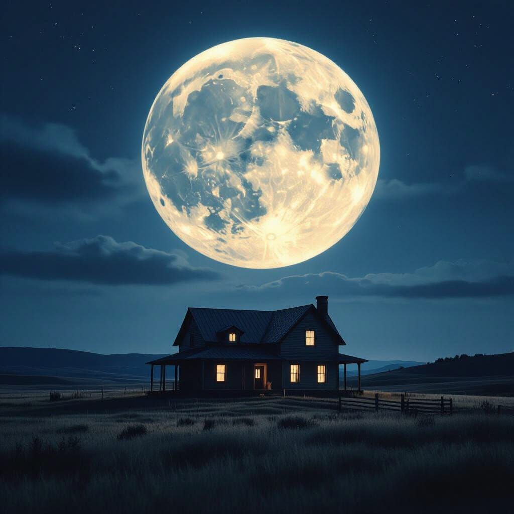 Midnight Ranch House Under Luminous Full Moon