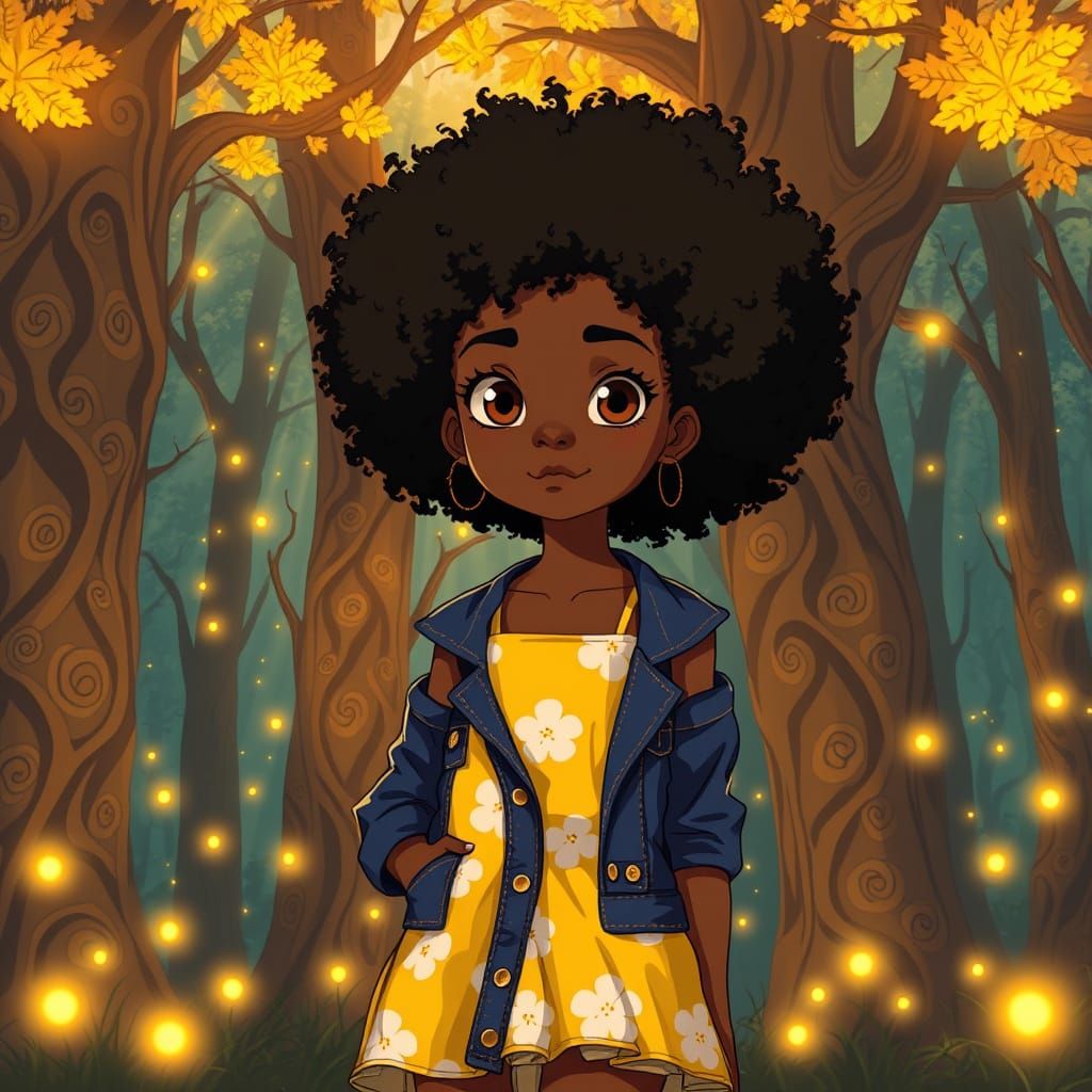 Confident Black Girl in Vibrant Anime-Inspired Forest Scene