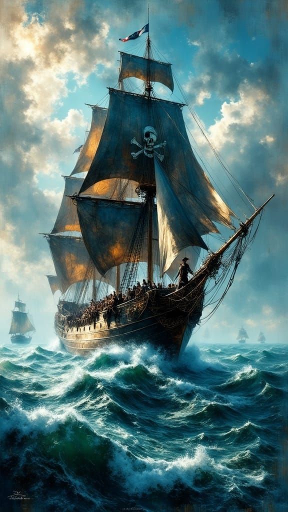 Pirate Ship Charging Across the Sea