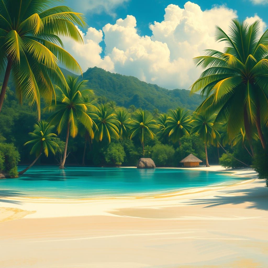 Lush Tropical Oasis with Vibrant Palm Trees and Turquoise Wa...