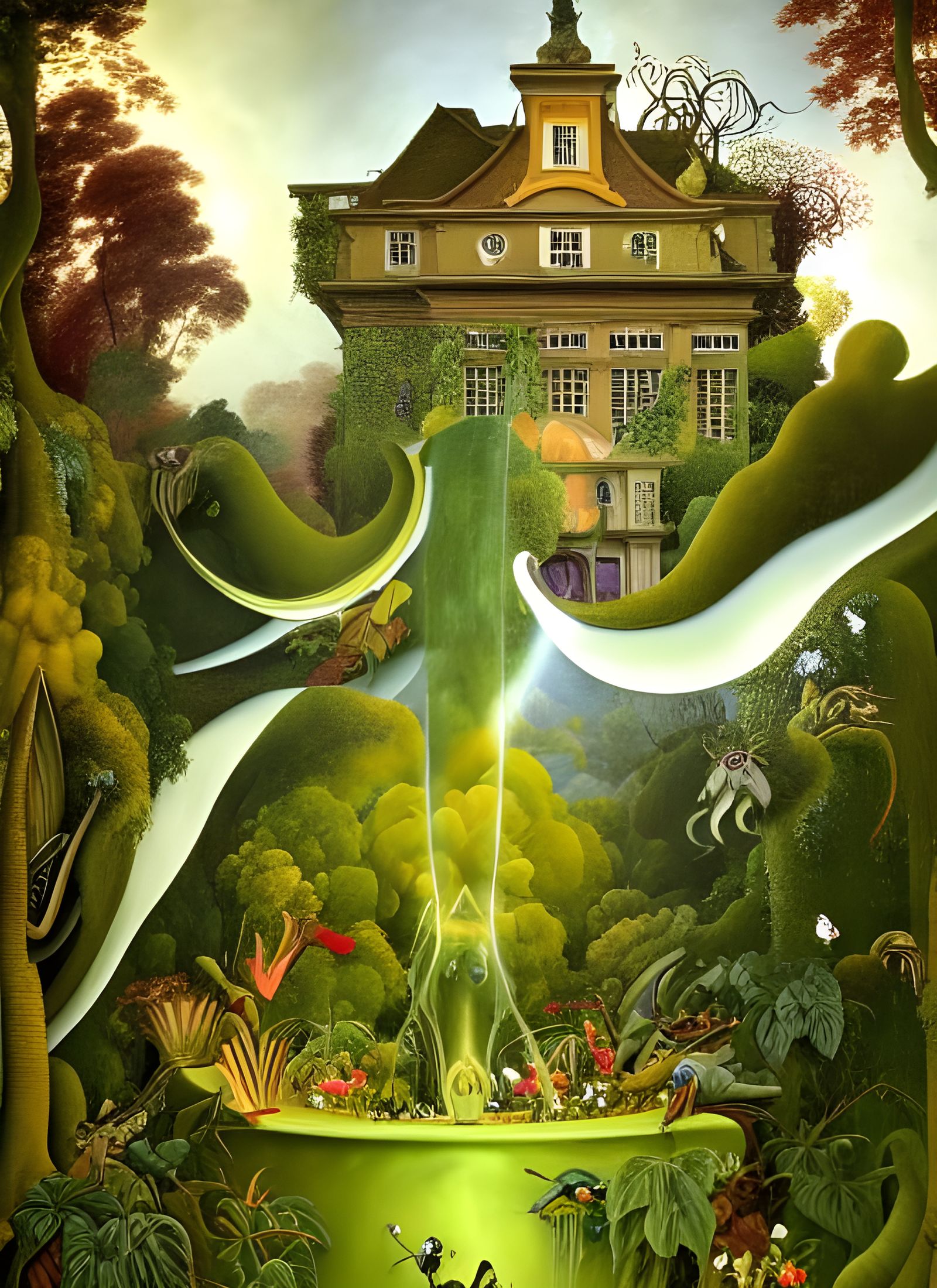 Lush Garden with Sculpture: Surreal Photorealistic Art
