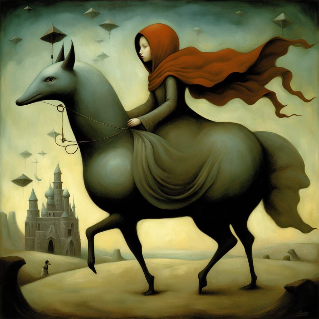 Whimsical Fantasy Scene with Curved Lines and Shy Beings