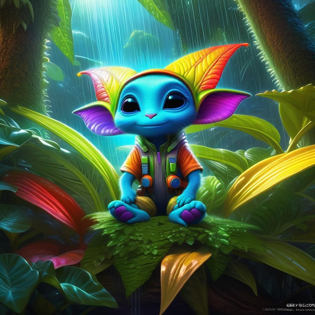 Cute Fuzzy Alien in Fantasycore Sci-Fi Landscape