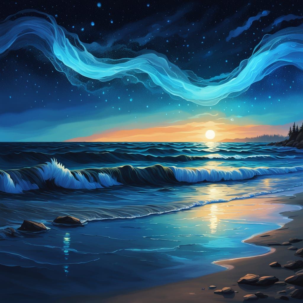 Bioluminescent Waves Light Shores: Impressionist Digital Pai...