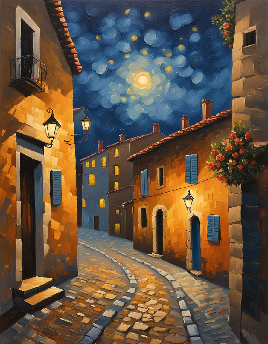 Spanish Village at Night in Impressionist Style