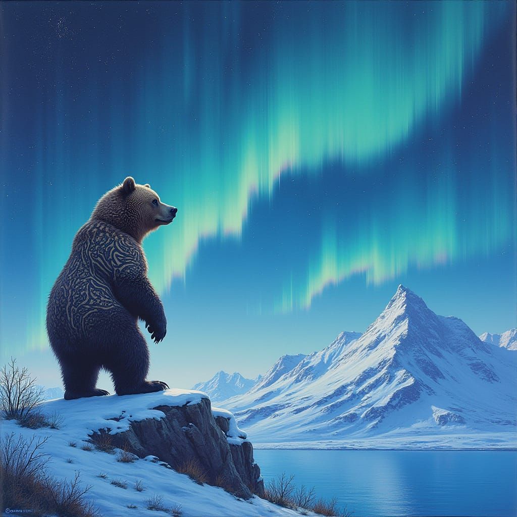 Grizzly Bear Gazing at Aurora Borealis in Inuit Art Style
