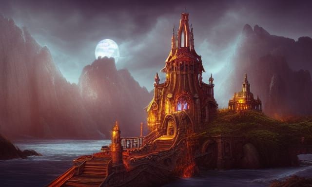 Fantasy Magic Tower on Island, Digital Matte Painting