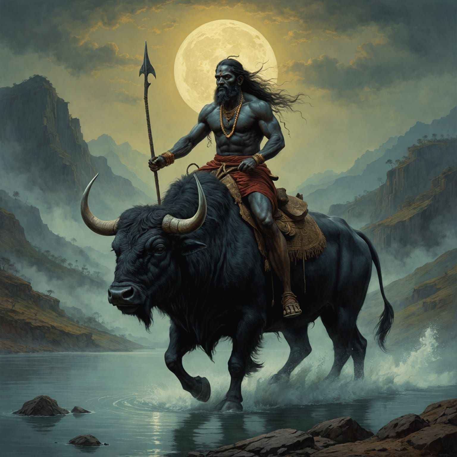 Yamaraja on Buffalo: Hindu God in Romantic Style