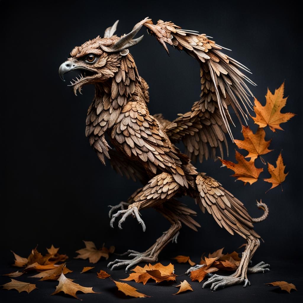 Grotesque Gryphon Made of Autumnal Forest Debris