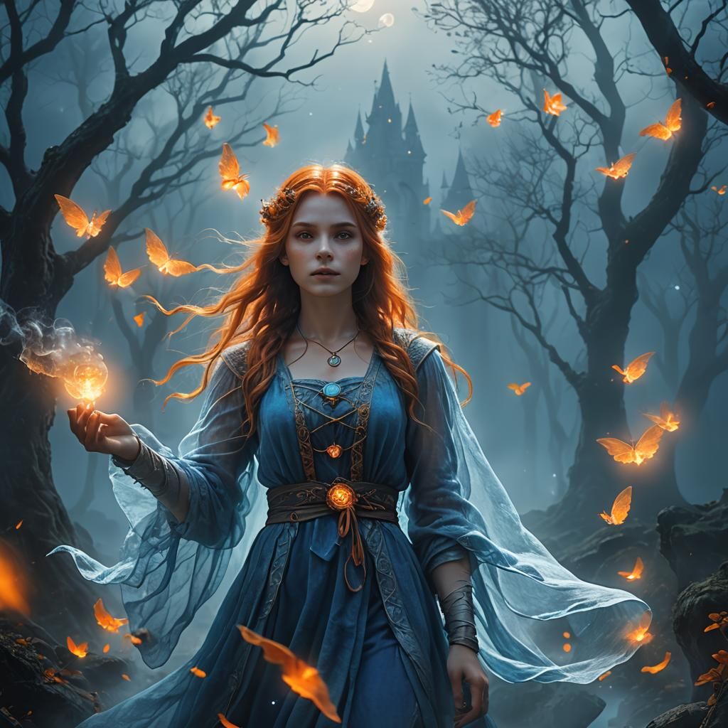 Ethereal Sorceress Floating in Blue Dreamscape