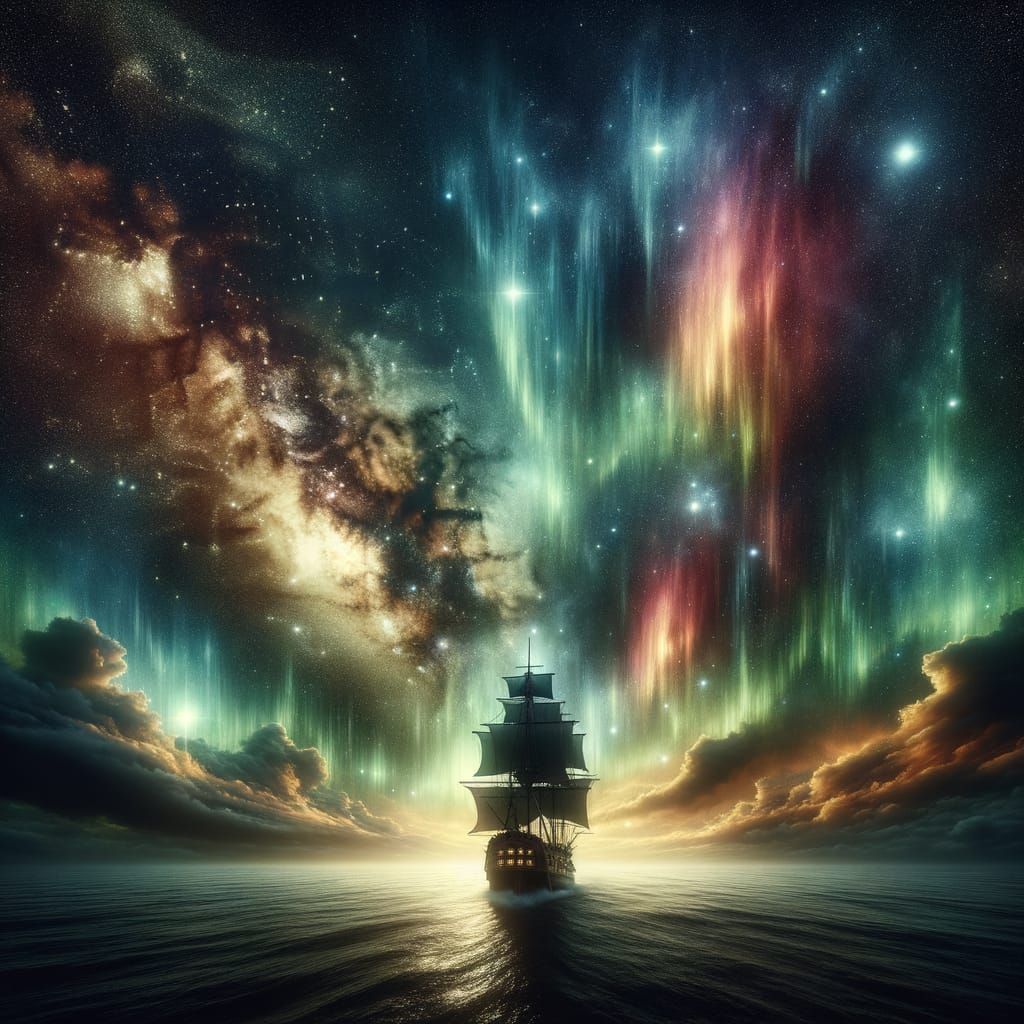 Pirate Ship Sailing Under Aurora Borealis