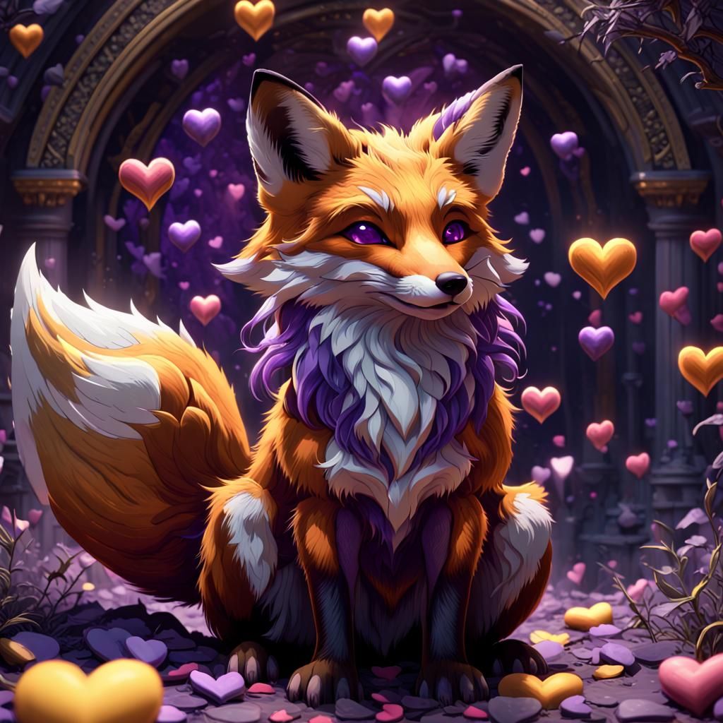 Fox with Love Hearts, Dark Fantasy Concept Art