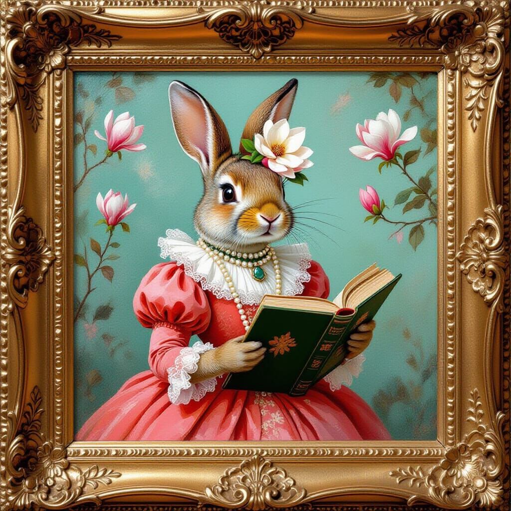 Rabbit Portrait in Ornate Frame, Renoir Style