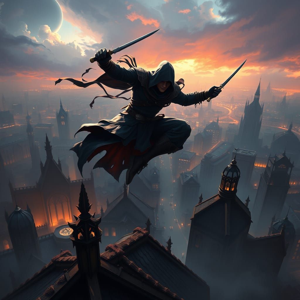 Elven Assassin Leaps Through Urban Fantasy Cityscape
