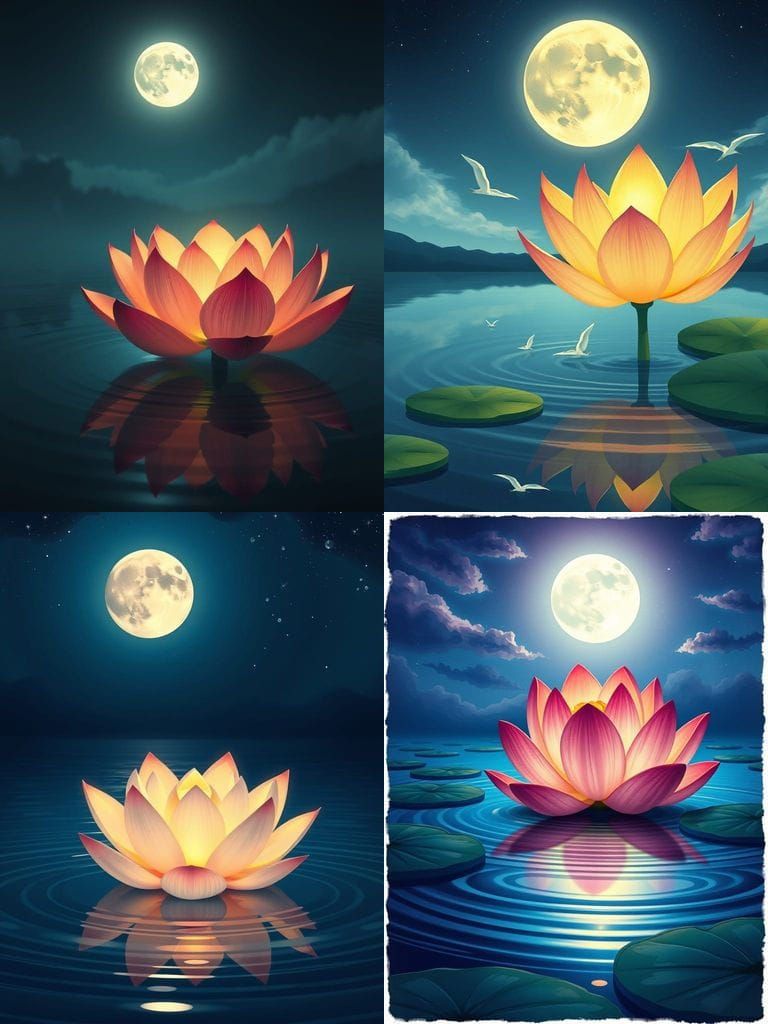 Surreal Lotus Blooms Under Radiant Moonlight in Whimsical 3D