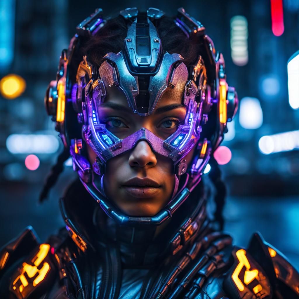 Cyborg Girl Portrait in Neon City at Night