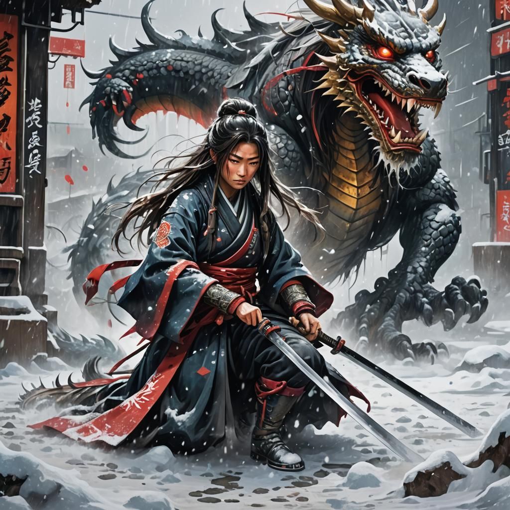 Samurai Woman in Blizzard with Dragon, Graffiti Art