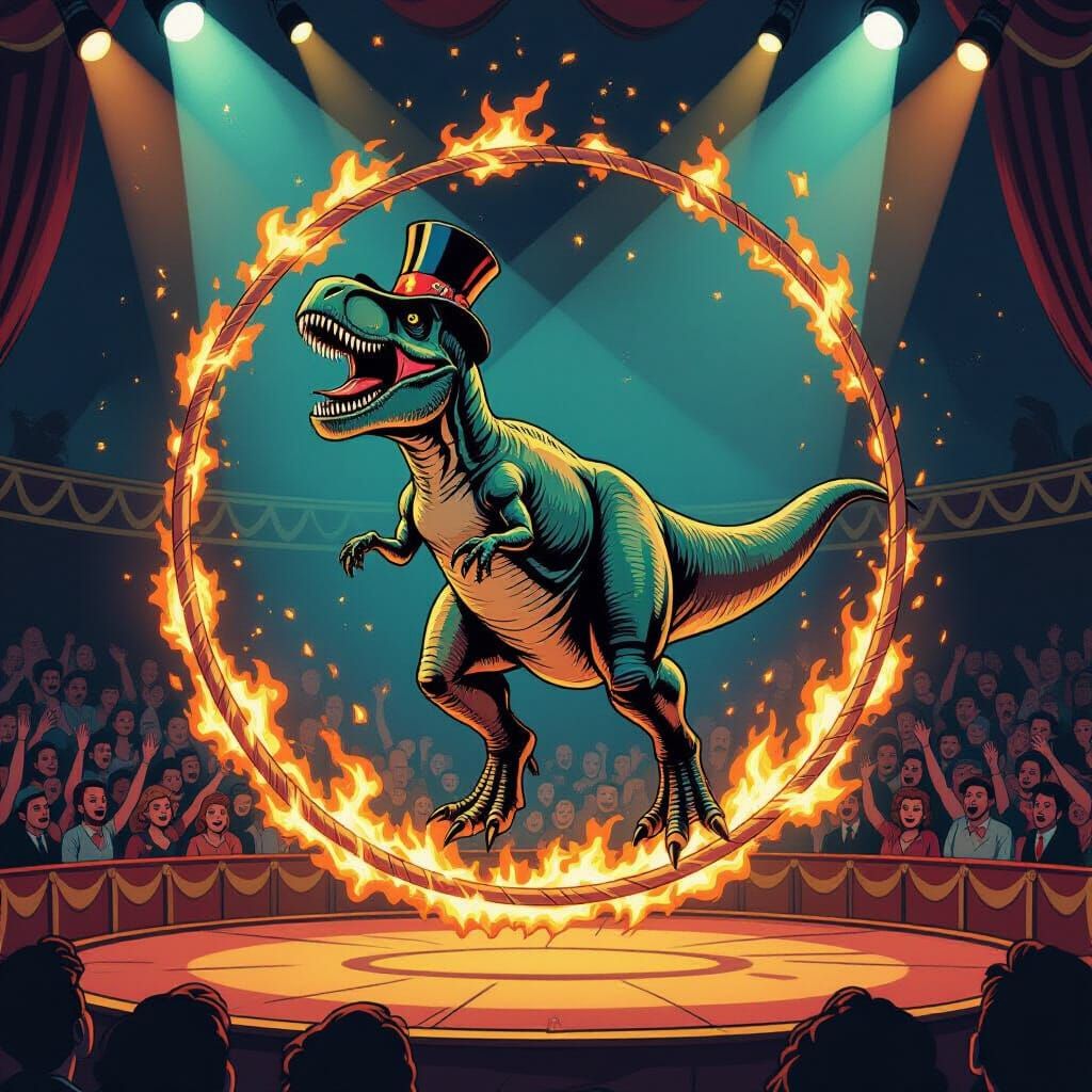 T-Rex Jumps Flaming Hoop in Grand Circus Performance