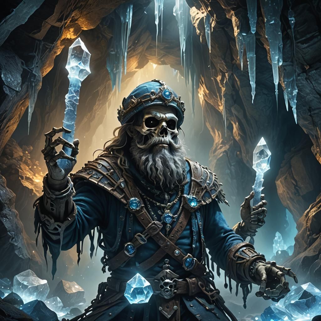Skeleton Dwarf Miner Extracts Crystals in Mystical Cave