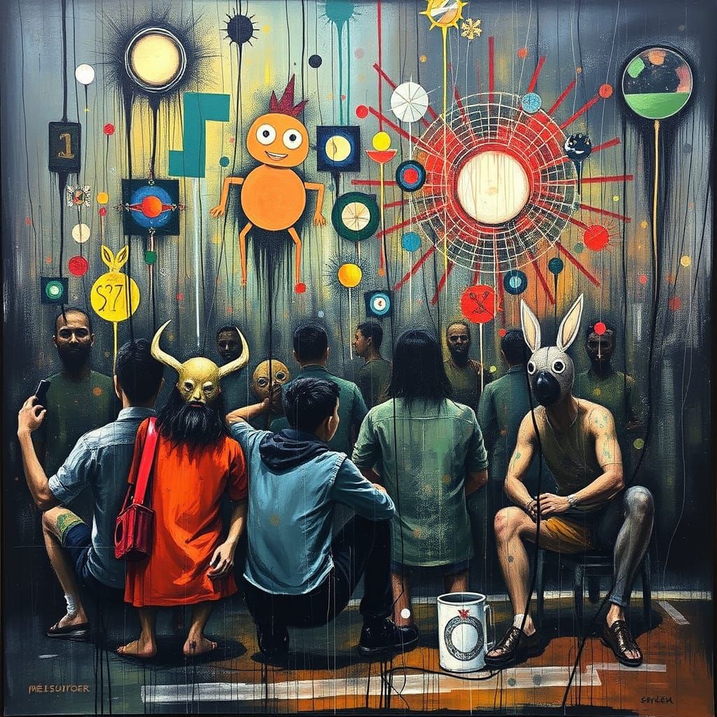 Surreal Group Laughter in Mixed Media Style