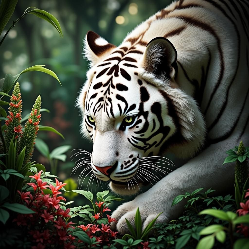 Hyperrealistic White Tiger Stalking Prey in Jungle
