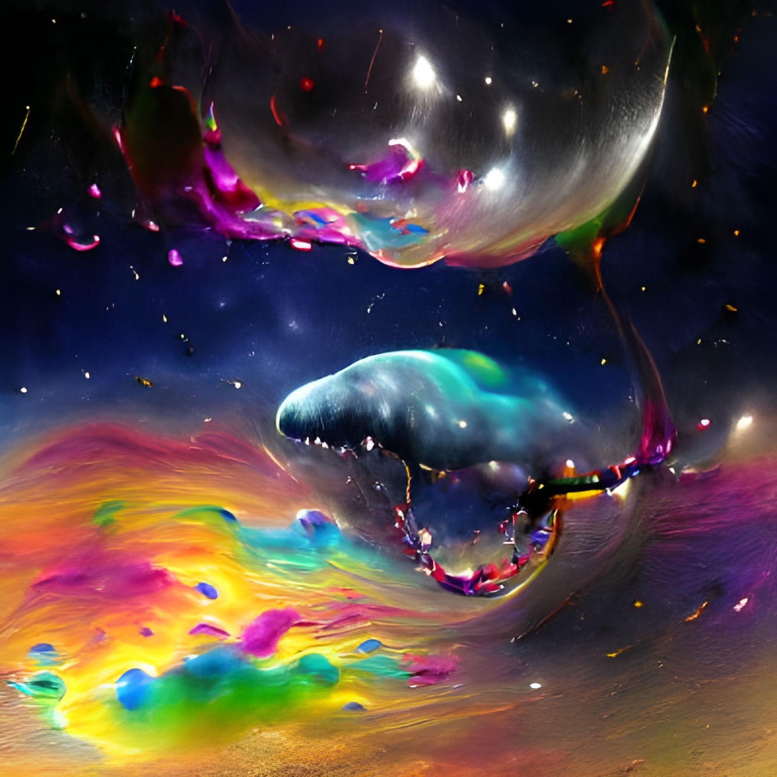 Surreal Whale Eats Elephant in Space with Nebulas
