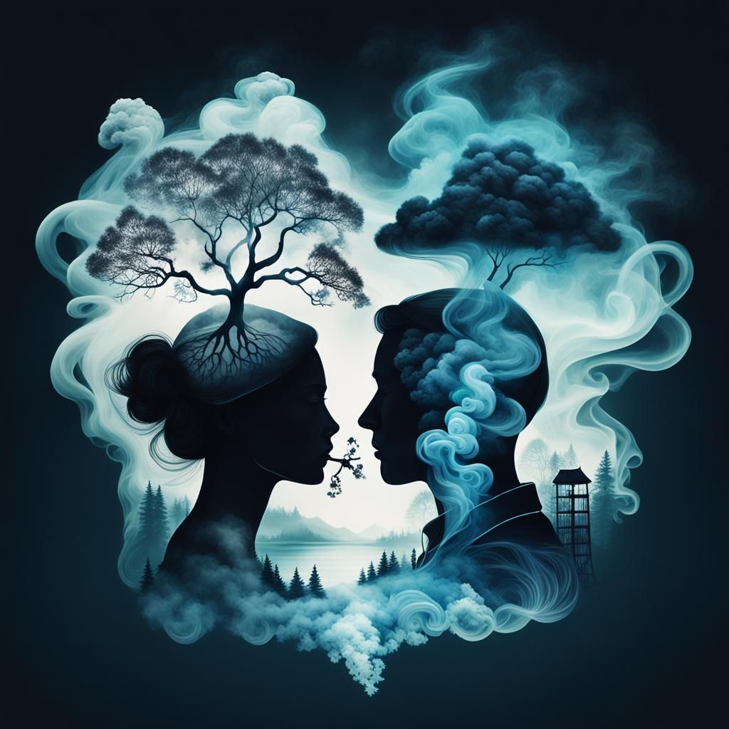 Double exposure Dreamlike illustrations featuring objects, animals, or landscapes formed entirely from smoke.
Surreal sc...