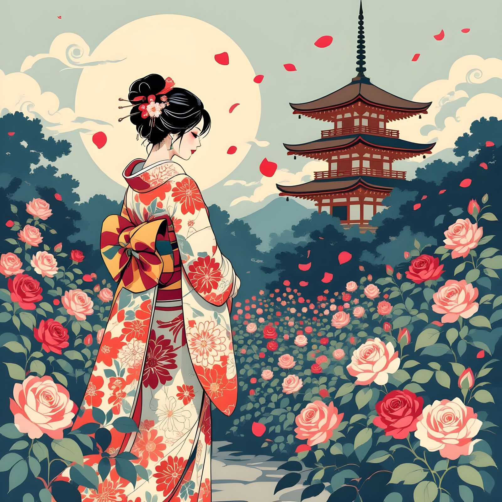 Japanese Rose Garden with Kimono Woman in Ukiyo-e Style