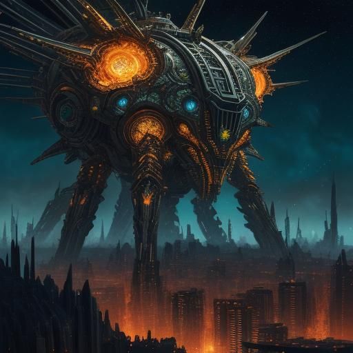 Alien Queen Destroys City: Surreal Sci-Fi Illustration