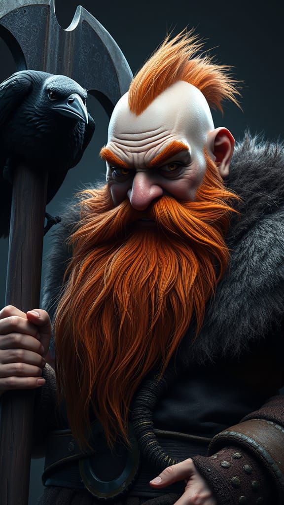 Viking Dwarf Warrior with Raven Companion in Dark Fantasy