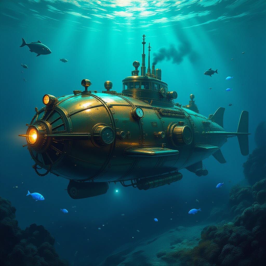 Steampunk Submarine Glides Through Bioluminescent Ocean Dept...
