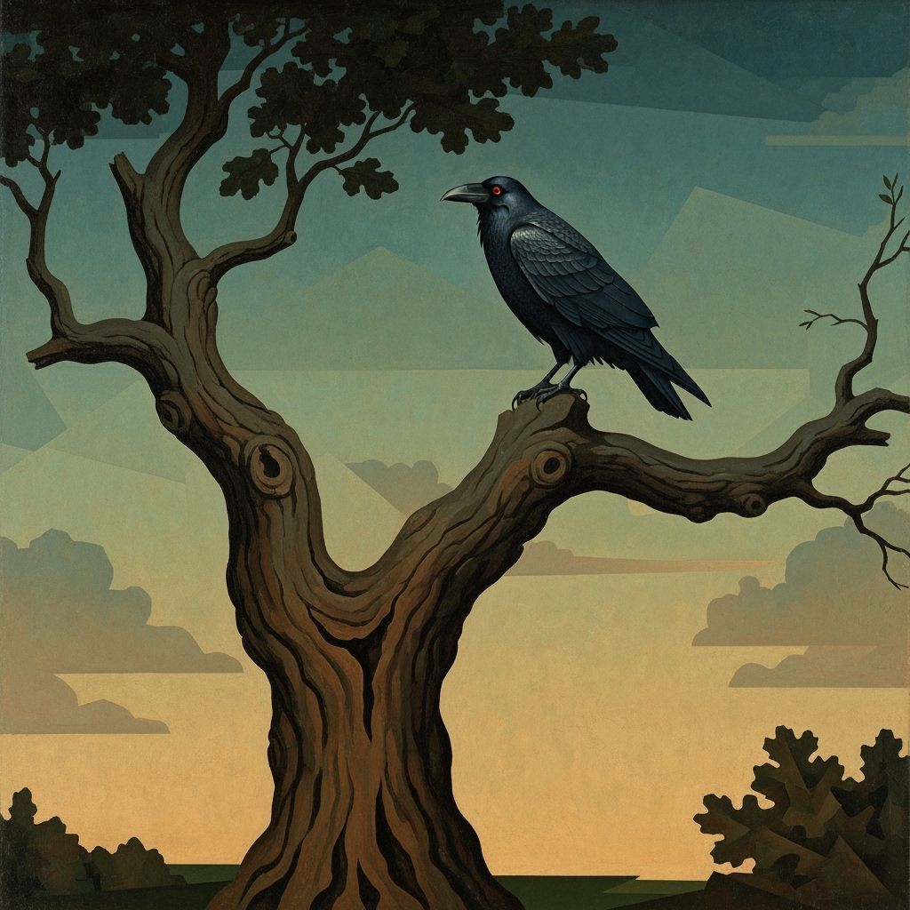 Raven on Ancient Oak Against Twilight Sky in Cubist Style