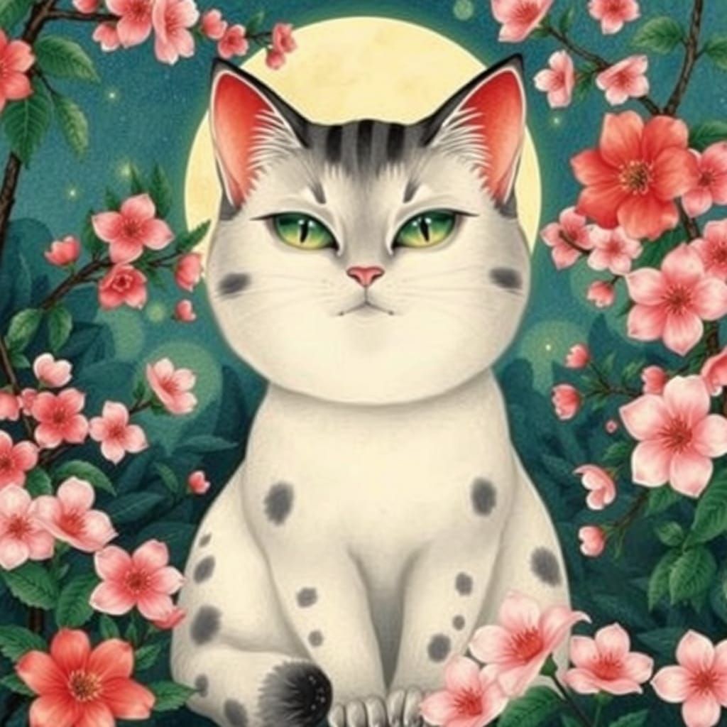 Ethereal Nekomata in Dreamy Moonlit Garden