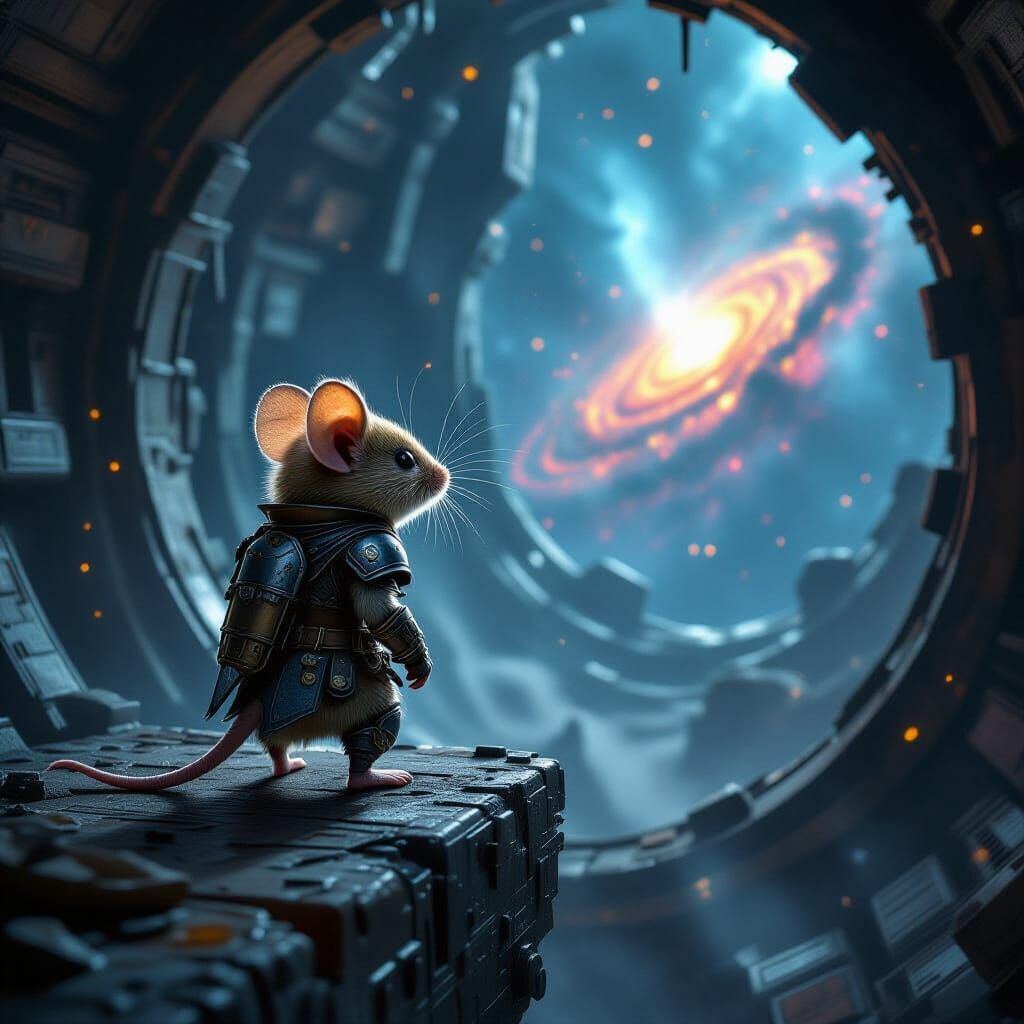 Mouse Adventurer in Derelict Spaceship Gazing at Nebula