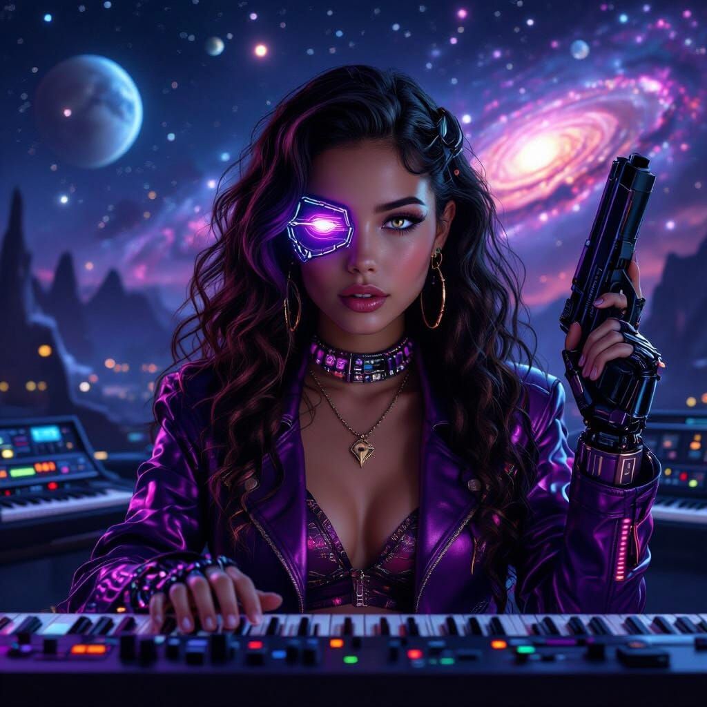 Cybernetic Woman Plays Synth Under Galactic Sky