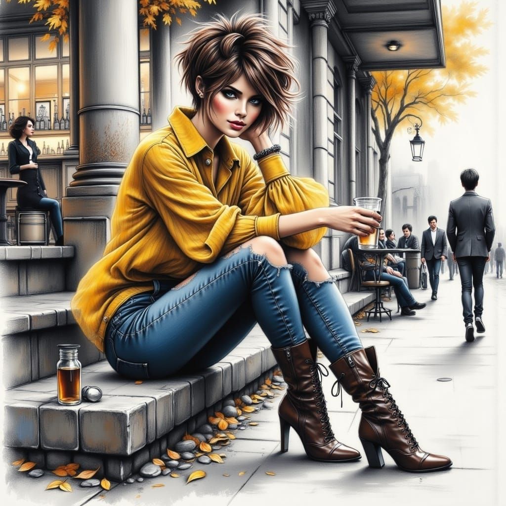 Stunning Woman Sipping Hot Chocolate on a Bar Terrace in a F...