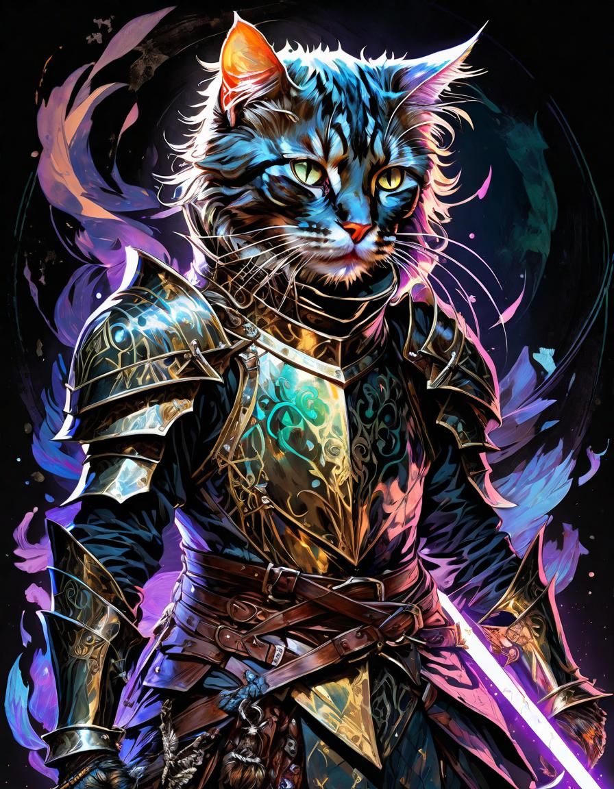 Furious Knight Cat with Runic Magic, Detailed Digital Art