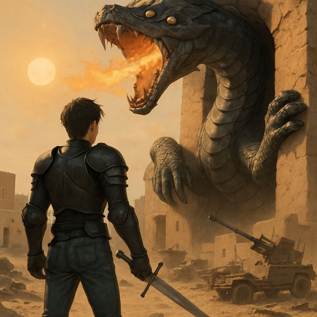 Young Warrior Surrounded by Naga in Desert Landscape
