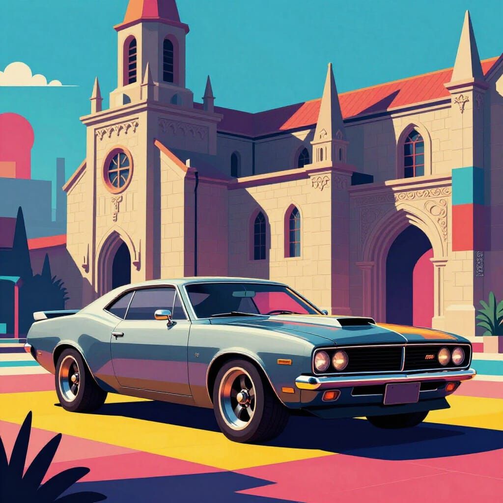 Intergalactic Muscle Car Before Monastery in Retro Brutalist...