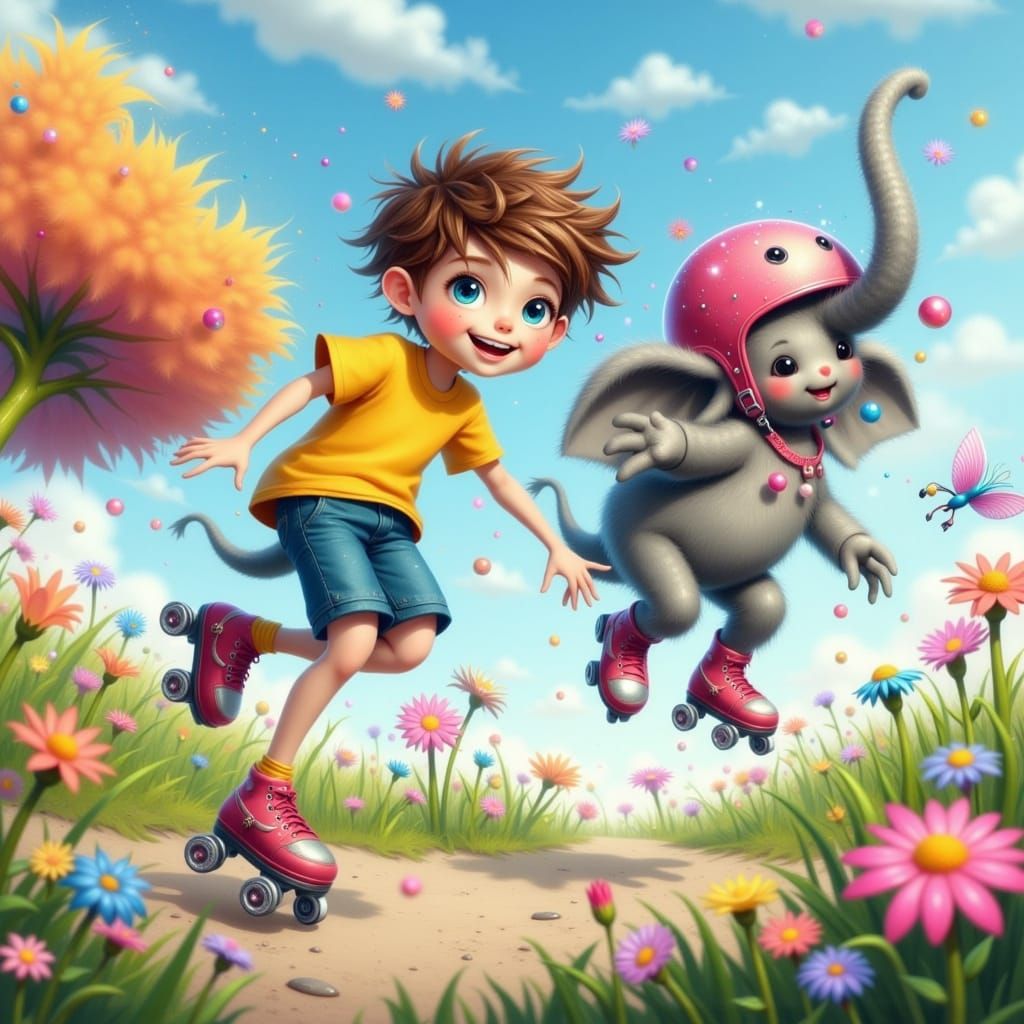 Whimsical Boy and Elephant Roller Skate Together in Sunny Pa...