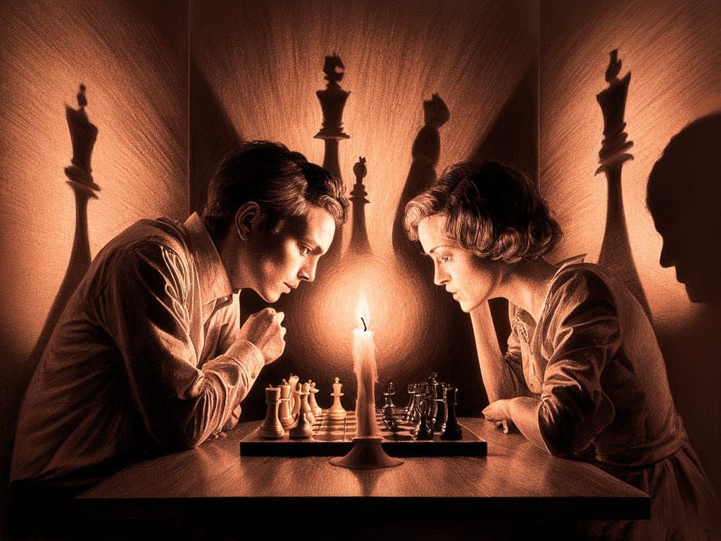 Chess by Candlelight: A Dramatic Pencil Sketch