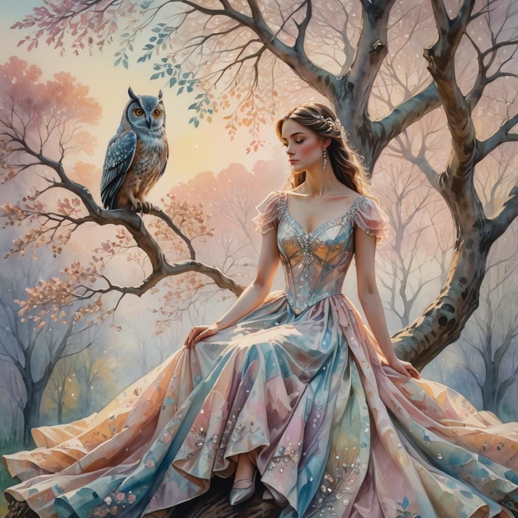 Woman with Owl in Pastel Impressionist Landscape