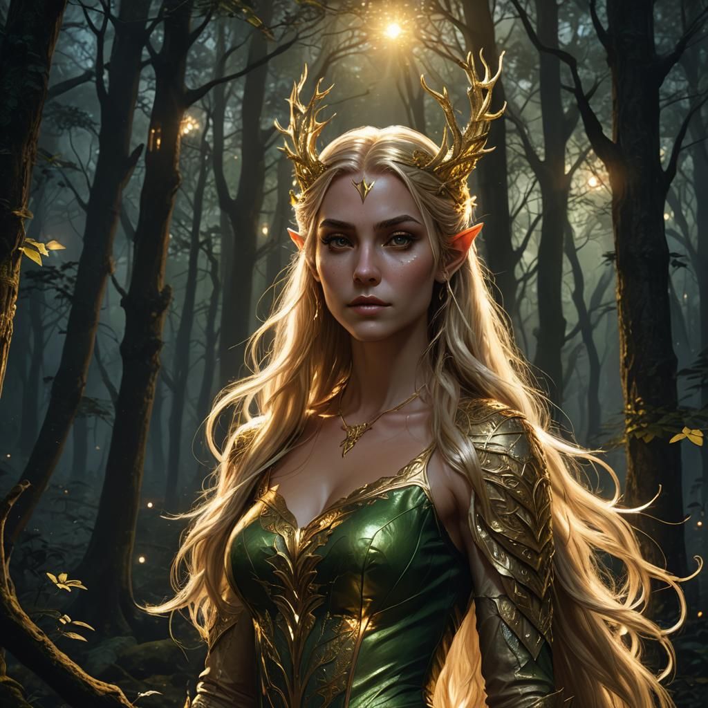 Elven Woman in Glowing Forest, Dark Fantasy Art