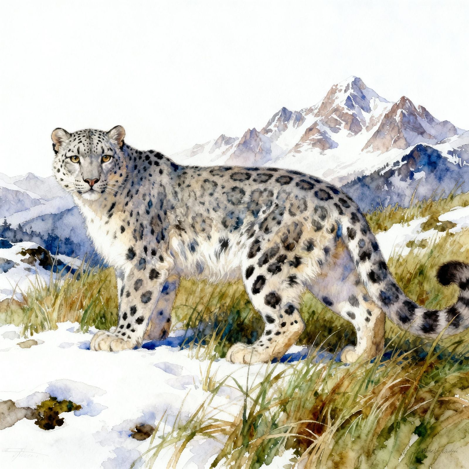 Snow Leopard, grass, snow, far in the distance mountains, wa...