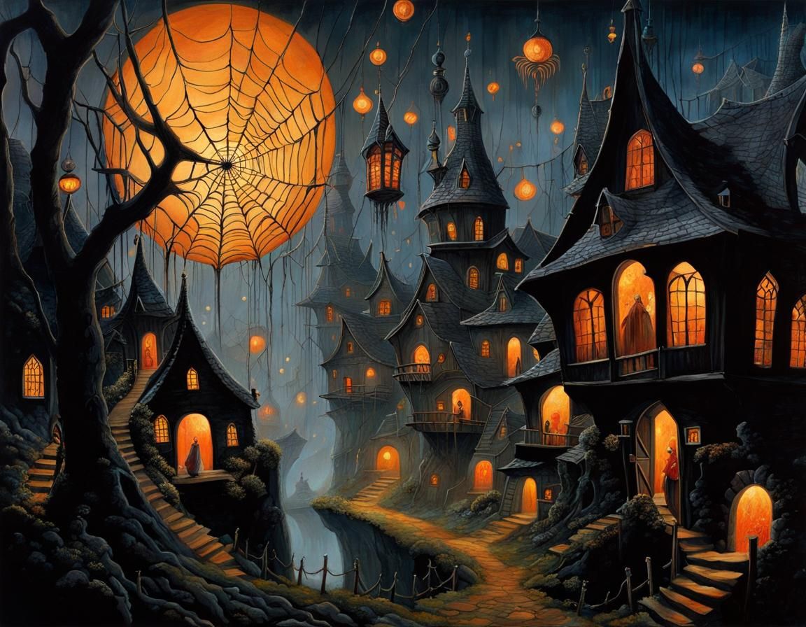 Haunted Village with Spiderwebs in Dark Fantasy Style