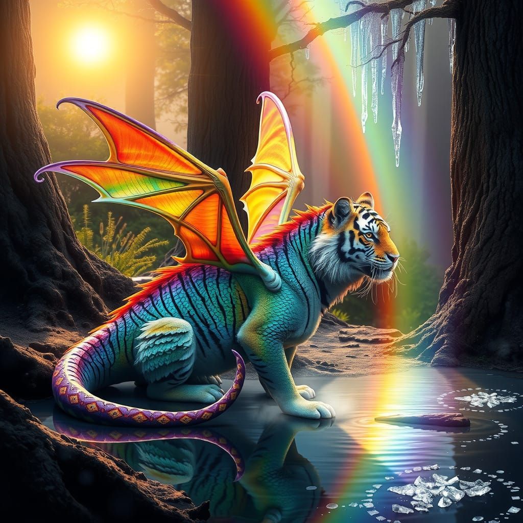 Majestic Fairy Dragon Tiger in Vibrant Rainbow Hues