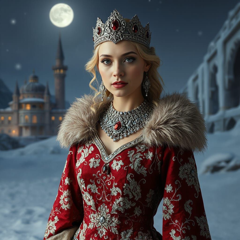 Regal Woman in Lavish Winter Fantasy Landscape